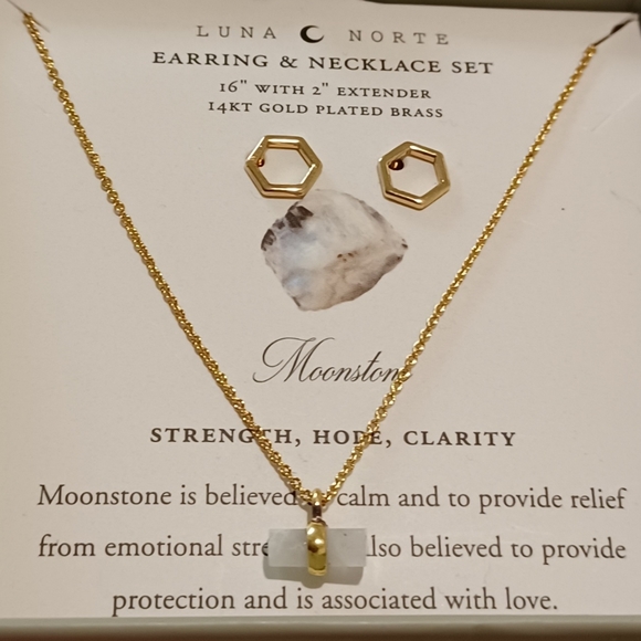 2 PC LUNA NORTE 14K GP HEXAGON EARRINGS & NECKLACES WITH MOONSTONE GEMSTONE - Picture 2 of 12